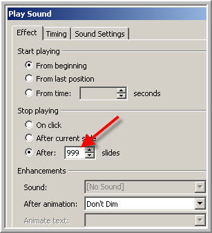 Setting for stop playing after 999 slides