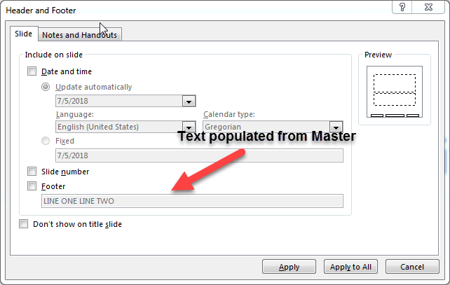 Footer dialog populates